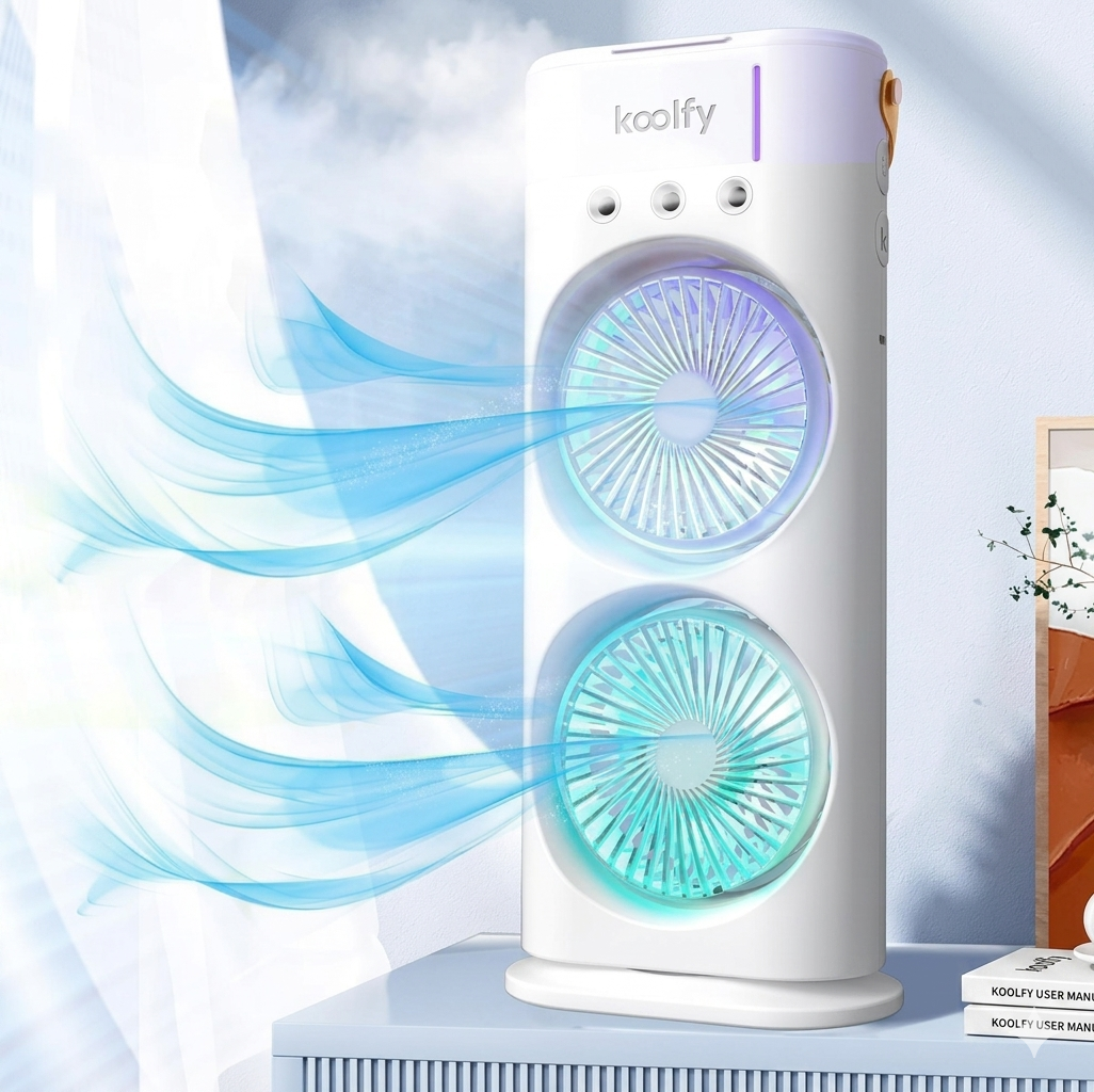 Koolfy Dual Cooling Mist Fan with LED Lights Mystic Wrap Rechargeable