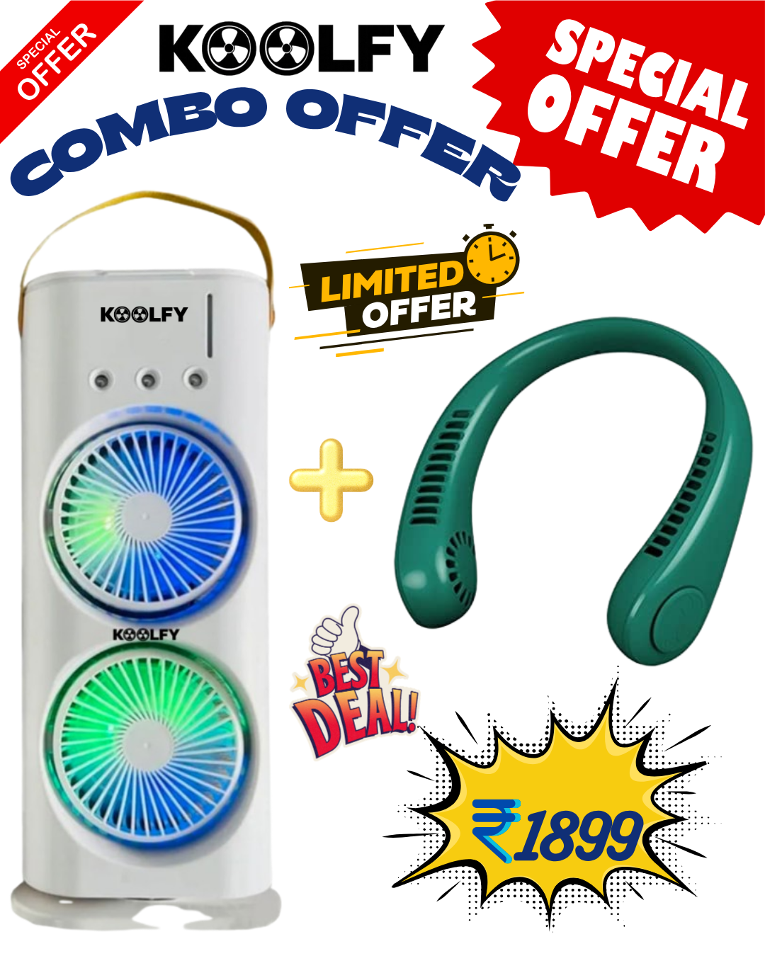 Koolfy Dual Cooling Mist Fan + Portable Neck Fan