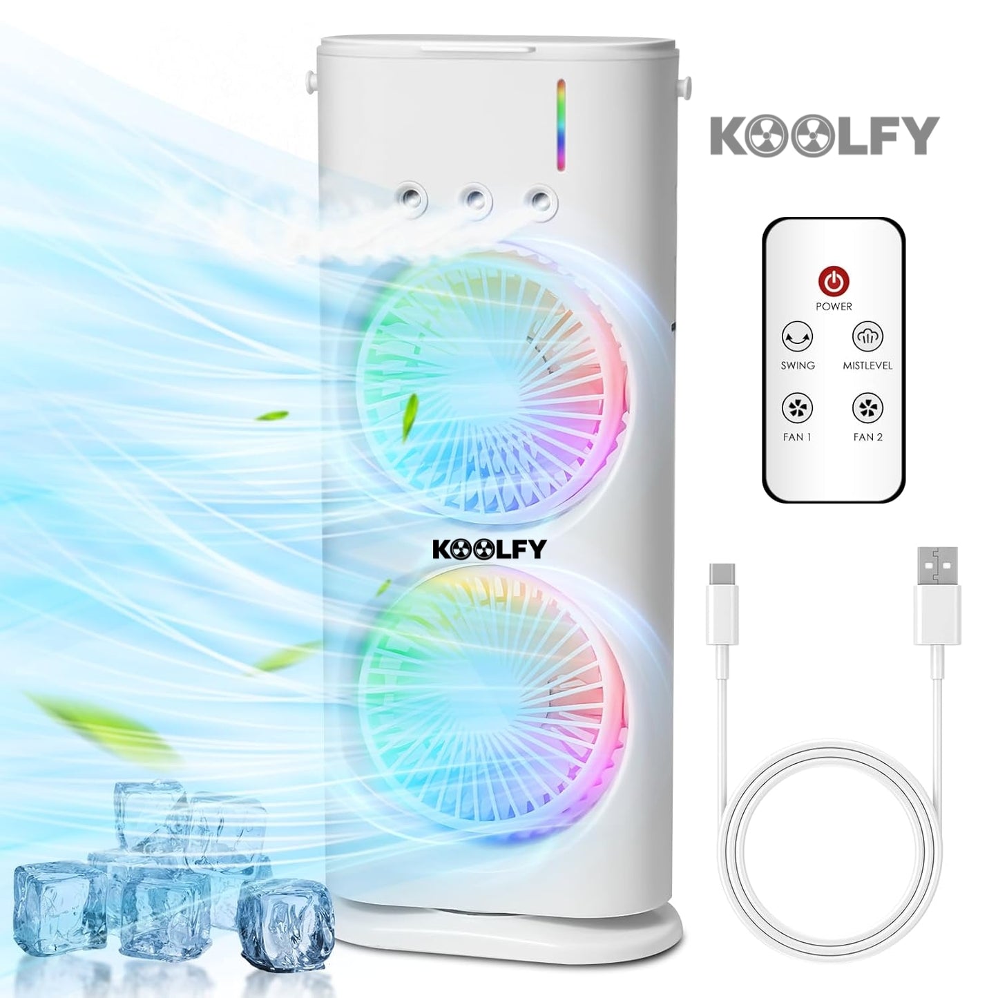 Koolfy Dual Cooling Mist Fan with LED Lights Mystic Wrap Rechargeable
